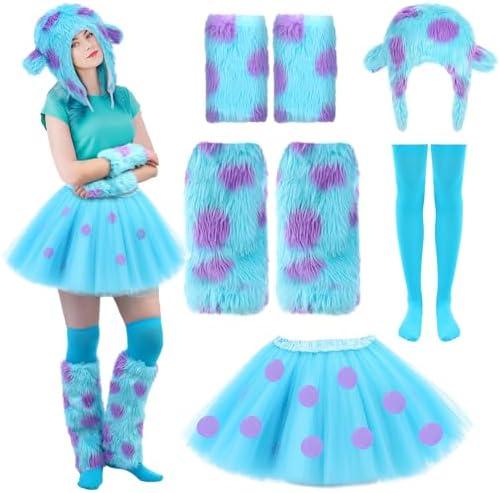 5 Pcs Halloween Blue Furry Monster Costume Accessories Set Purple Polka Dot Tutu Skirt Fur Leg Warmers Furry Gloves Monster Hats and Thigh-high Socks for Halloween Movie Character Cosplay Party