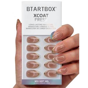 BTArtbox Press On Nails Short - Gold Drops, Lamp-Curable Gold French Tip Cat Eye Almond Press On Nails with Glue and Adhesive Tabs for Women in 16 Sizes - 32 Soft Gel Glue On Nails Kit