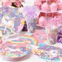Unicorn Birthday Decorations - Plates, Napkins, Cups, Cutlery, Hanging Swirls, Banner, Honeycomb Centerpiece, Balloons, Tablecloths for Rainbow Girls Birthday Party Decorations, Serves 24
