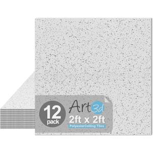 Art3d Pro Drop Ceiling Tiles 2ft x 2ft, 12-Pack Waterproof Polyester Ceiling Panels for Office Basement Kitchen Recording Room, Reusable,Covers 48 Sq.Ft, White Stucco Printing