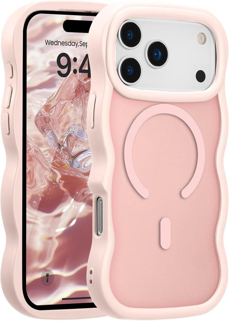 UEEBAI Magnetic for iPhone 17 Pro Case, Compatible with MagSafe, 2025 Transparent Wave Frame Design Case Soft Edge Cover Cute Clear Matte Shockproof Protective Phone Case, Pink