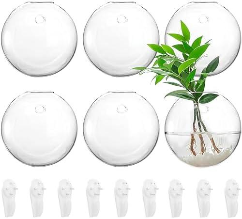 Yarlung 6 Pack Wall Hanging Planters Terrarium, 4.7 Inch Glass Oblate Globe Plants Containers, Wall Mount Clear Flower Vase for Propagating Hydroponics Plants, Air Plants (Plants Not Included)