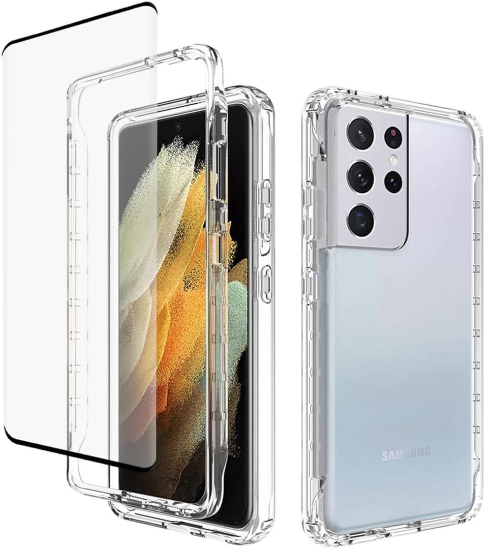 Case for Galaxy S21 Ultra 5G Case, SM-G998U Case with Tempered Glass Screen Protector, Soft 360 Full Body Shockproof Hybrid Bumper Crystal Clear Case Cover for Samsung Galaxy S21 Ultra (Clear)