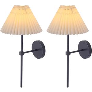 Wall Sconces Sets of 2, White Pleated Fabric lampshade Matte Black Wall Lamp, Column Bracket Wall Lighting, Bathroom Dresser Hardwired lamp Fixture, Applicable to Living Room, Bedroom and Dining Room (19.29 inches)