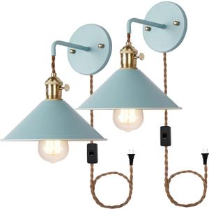 Plug in Switch Wall Sconces Set of Two,Blue Wall lamp with Plug in Cord of 2 for Bedroom Hanging Wall Lights E26 Edison Brass lamp Holder with Frosted Paint Body Bedside lamp