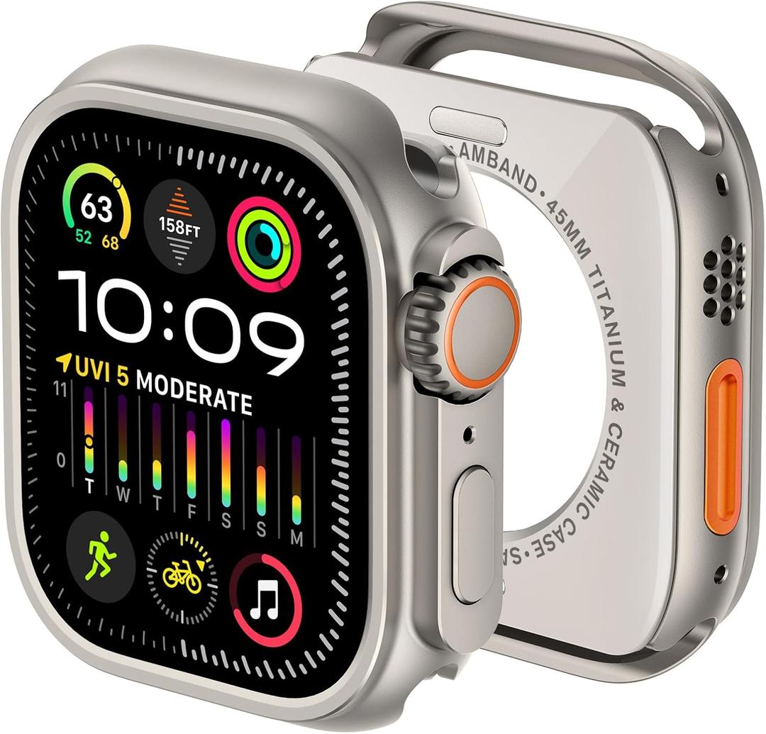amBand 3 in 1 Metal Case Compatible with Apple Watch Series 9/8/7 45mm, W1 Rugged Bumper Protector [Turning into Ultra 3/2/1 Upgrade] with Watch Crown + Back Cover, Natural Titanium