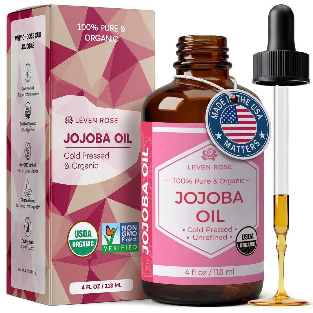 Leven Rose Jojoba Oil Organic, Pure Cold Pressed Carrier Oil, Natural Unrefined Moisturizer for Skin Hair and Nails 4 oz (EXP 07/01/28)