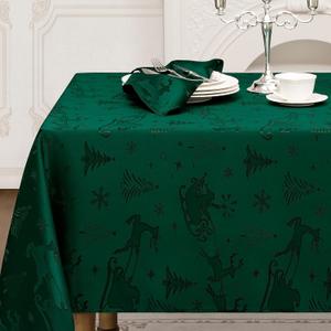 Romanstile Green Jacquard Christmas Rectangle Tablecloth for 6ft Tables, Reindeer Xmas Tree Pattern, Luxurious Table Cloths Waterproof Table Cover for Holiday Parties&Dining Events (60 x 84 inch)