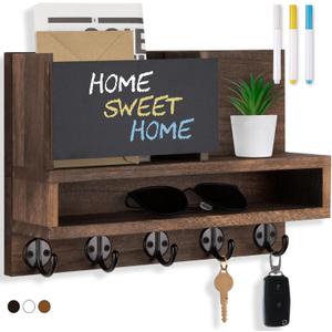 Key Holder for Wall - Key and Mail Holder Wall Mount with Shelf & 3 Liquid Chalks & Chalkboard,Mail Sorter Organizer,Key Hanger with Long Storage Box, Entry Way Organizer,Rustic Home Decor (Brown)