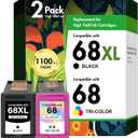 68 6155e 6555e 68XL 68e Ink Cartridges Black Color Combo Pack for HP Ink 68 XL Compatible with Envy 6100e 6500e Series Printers 6152e 6165e 6558e 6552e (2 Pack-1 Black, 1 Tri-Color)