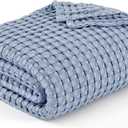 Bedsure Cooling Cotton Waffle Queen Size Blanket - Lightweight Breathable Summer Blanket of Rayon Derived from Bamboo for Hot Sleepers, Luxury Throws for Bed, Couch and Sofa, Fog Blue, 90x90 Inches