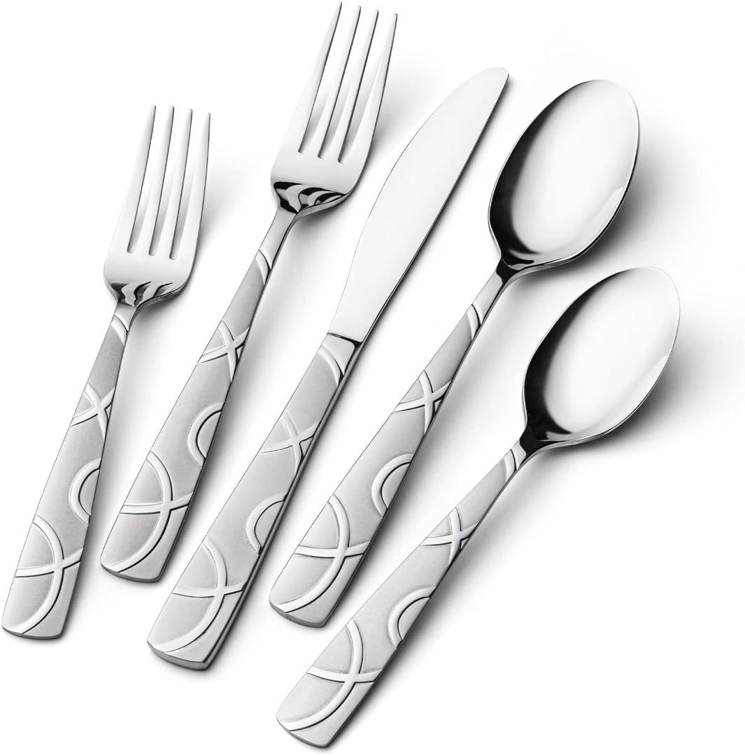 HIKAA Silverware Set, 45-piece Silverware Set with Serving Utensils Set, for Kitchen, Home, Wedding, Party, Mirror Polished and Dishwasher Safe