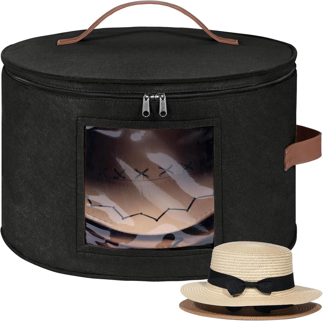 Lifewit Round Cowboy Hat Box Stackable, Large Felt Hat Organizer Bag for Men & Women Storage, Baseball Cap Container with Dustproof Lid for Travel, Foldable 16.5" D x 10.6" H Carrier, Black