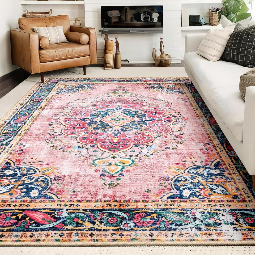 8x10 Area Rugs for Living Room Pink Boho Rug Vintage Rug Non-Slip Washable Low Pile Foldable Large Rugs for Bedroom Dining Room Indoor Floor Carpet