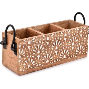 NIRMAN Mango Wood 3 Compartment Multi Purpose Utensil Cutlery Racks for Cutlery, Napkins, Cups Caddy Organizer (11" x 4" x 4.5")