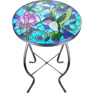 VCUTEKA Mosaic Patio Side Table Outdoor Accent Table Bistro Coffee Table Plant End Table Small Porch Table Indoor Round Glass Balcony Hummingbird Plant Table Stands