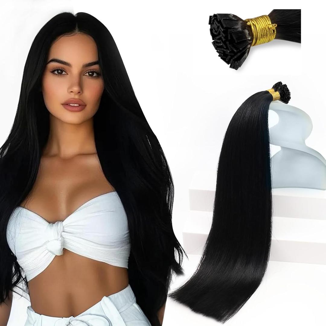 Sunny Hair Flat Tip Hair Extensions Real Human Hair 20 inch Jet Black Keratin Tips Hair Extensions Ktip Remy Human Hair Thick End 50g