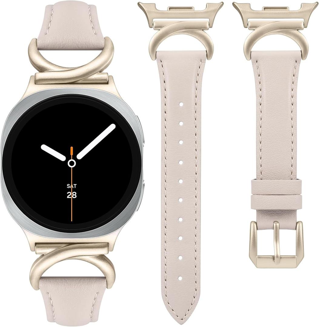 Minyee Leather Band Compatible with Samsung Galaxy Watch 8 40mm 44mm/ 8 Classic 46mm Bands, No Gap One-Click Slim Thin Dressy Leather Strap with C-Shape Metal Buckle Women, NOT for Other Models (Starlight/Champagne Gold)