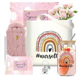 Nurse Christmas Gift Set 16oz Glass Cup Work Tote Bag Box for Women Nurses - Appreciation, Thank You, Holiday Presents for RNs Practitioners