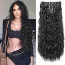 FLUFYMOOZ Clip In Hair Extensions, 6PCS Hair Extensions Long Mermaid Waves Wavy Synthetic Clip On Hairpiece For Women 24 Inch (Natural Black)
