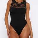 Saslax Women's Lace Bodysuit Crew Neck Short Sleeve Sheer Sexy Slim Fit Going Out Top for Concert Date Night Club (Black, M)