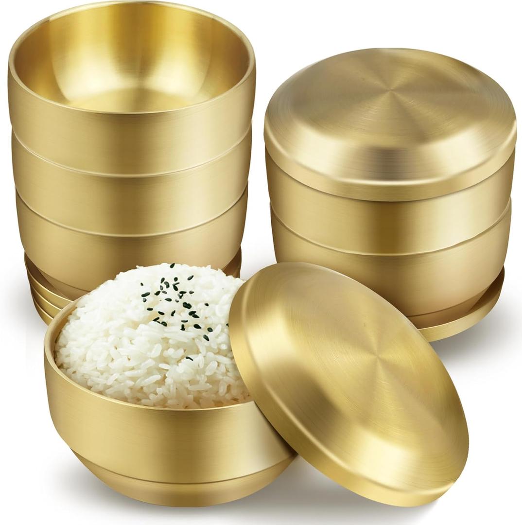 6Pcs Stainless Steel Rice Bowl with Lid 4.7In, 13 oz Double-Walled Insulated Metal Snack Bowls, Small Metal Serving Bowls, Appetizer Bowls Gold for Sauces, Noodles, Ice Cream, Oat, Cereal (6)