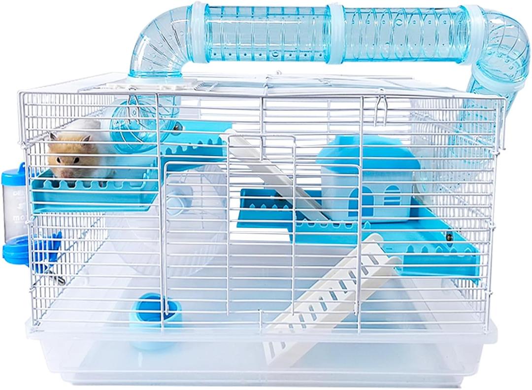Tfwadmx Dwarf Hamster Cage Small Hamster Habitat Mouse Home Small Animal Cage with Tube Exercise Wheel Hut Rat Habitat for Gerbils Mice 18.5x11.8x11.8 Transparent/Blue