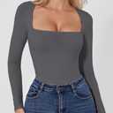 QINSEN Women's Sexy Square Neck Bodysuit Long Sleeve Double Lined Shirt Tops (Purple, S)