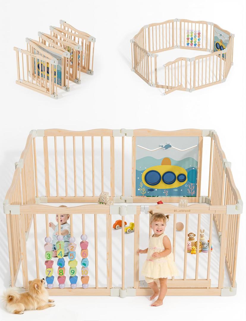 Foldable Wooden Playpen, 55 x 55 x 24 inches, Ocean Adventure, Natural
