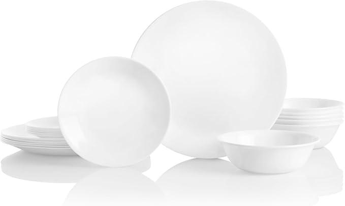 Corelle Vitrelle 18Piece Service for 6 Dinnerware Set Triple Layer Glass and Chip Resistant, Lightweight Round Plates and Bowls Set, Winter Frost White