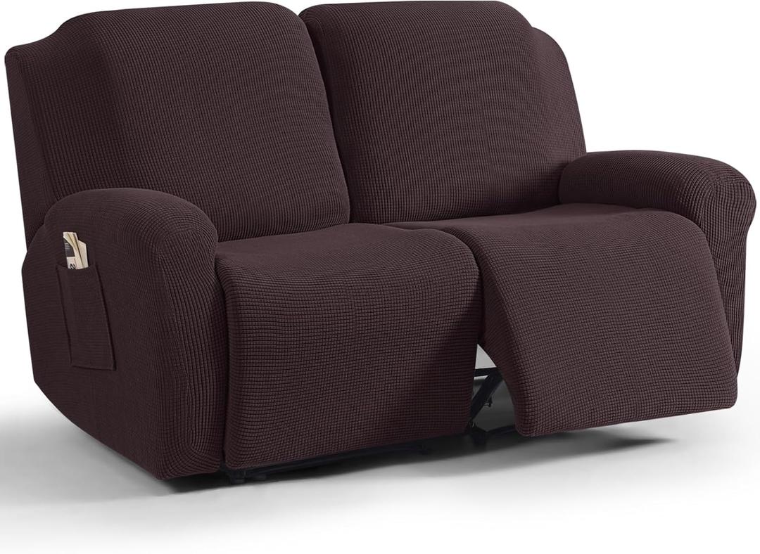TAOCOCO Recliner Loveseat Slipcover, 6 Pieces Dual Recliner Sofa Covers for 2 Seat Dual Reclining Loveseat Couch, Stretch Soft Jacquard Pattern Furniture Protector with Elasticity (2XL, Chocolate)