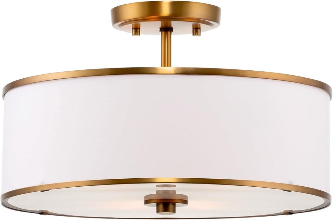 Kira Home Chloe 15" Retro Modern 3-Light Semi-Flush Mount Ceiling Light + White Drum Shade, LED Compatible, Round Tempered Glass Diffuser, Warm Brass Trim Finish Kira Home Chloe 15" Retro Modern 3-Light Semi-Flush Mount Ceiling Light + White Drum Shade, LED Compatible, Round Tempered Glass Diffuser, Warm Brass Trim Finish