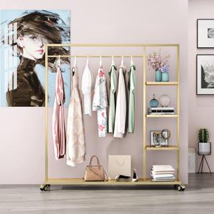 Gold Clothing Racks with Shelf, Boutiques Retail Display Gold Clothes Rack, Multiple Uses Heavy Duty Garment Rack for Hanging Rods for Home and Retail, 59"D x 14.1"W x 61"H