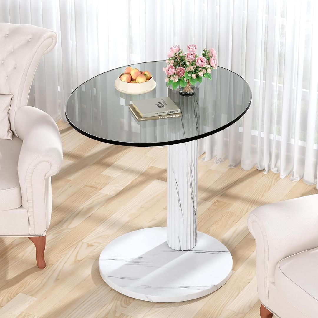 Hooseng Glass Round Coffee Table End Table, 22-Inch Modern Tempered Transparent Glass Top,Perfect for Living Room,Cafe,Home,and Office(White), Small