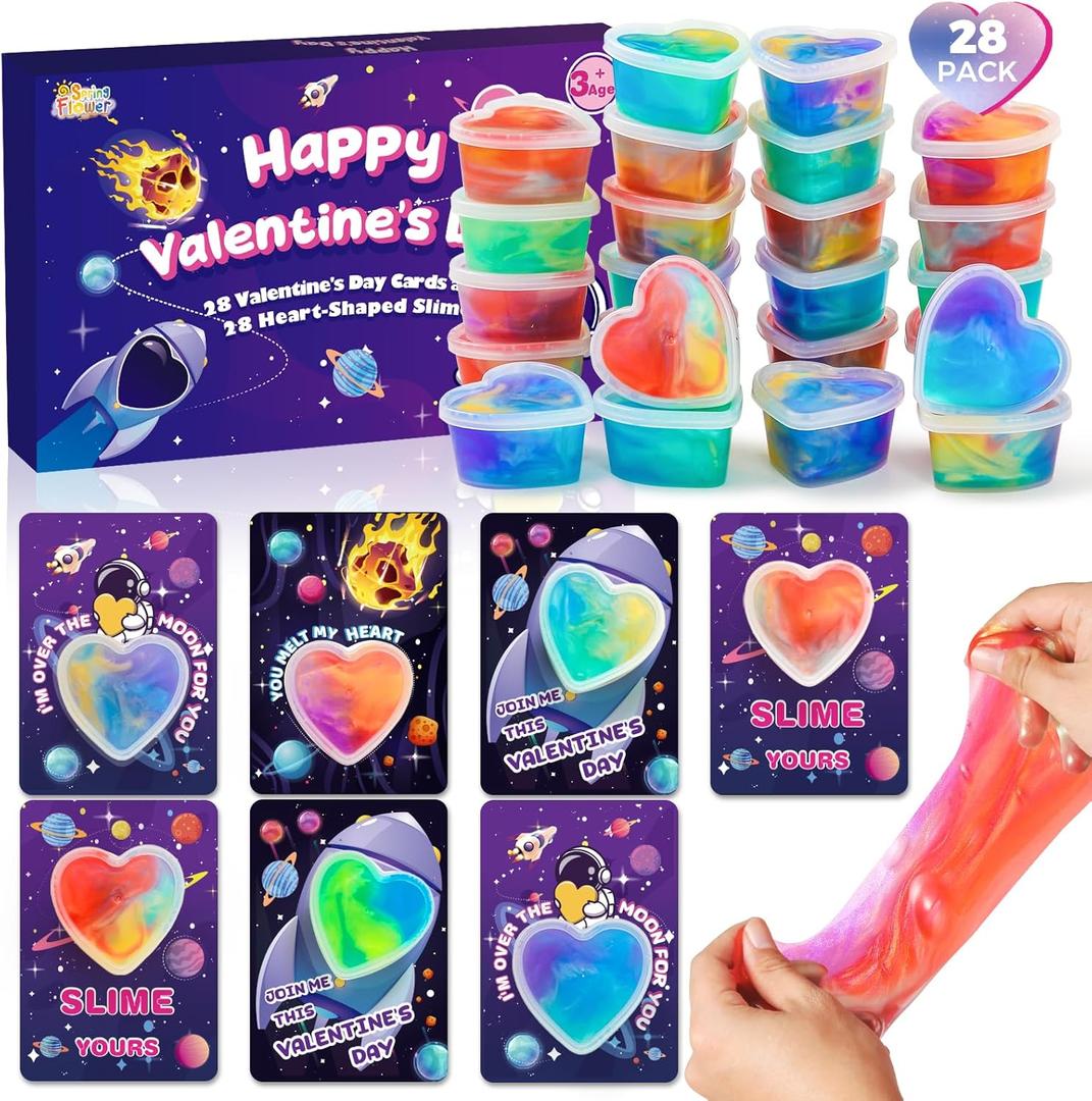 SpringFlower 28 Pack Valentine Day Cards,Valentines Day Cards Kid Classroom School With Galaxy Slime Kit,Valentines Exchange Gifts,Valentines Party Favors, School Classroom Valentine's Prizes