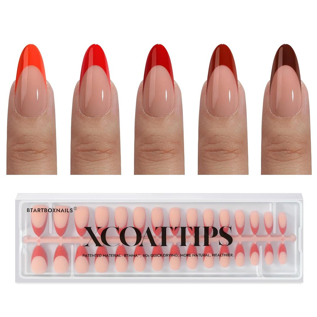 BTArtboxnails XCOATTIPS French Tip Press on Nails - Red French Tip Nails Almond Medium, Red French Press on Nails 150Pcs, Soak Off Soft Gel Nail Extension
