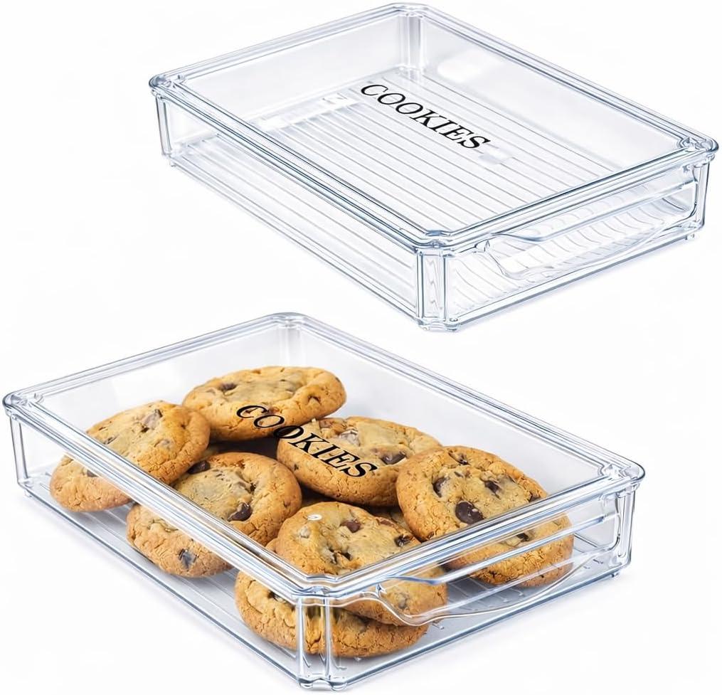 2 pack Cookie Containers Airtight Large Cookie Box Drawer-Type Food Refrigerator Organizing Stackable Snack Container for Storage and Transportation of Baked Biscuits,Seafood, Vegetables-clear