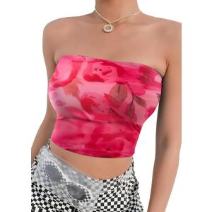 qdl Floral Tie Dye Tube Top Women Y2k Strapless Tops Ruched Sleeveless Strapless Crop Tank (Pink, L)