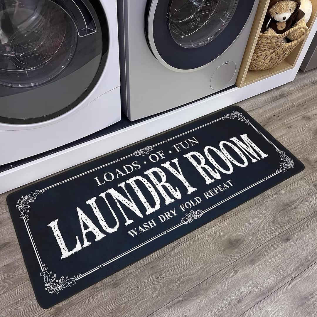 ROMAMIGO Non Slip Laundry Runner Rug - Farmhouse Kitchen Floor Mat for Mudroom and Bathroom - Black, 20 X 47 Inches