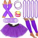 80s Fancy Dress Neon Accessories Tutu Party Costume, Adult Leg Warmers, Fishnet Gloves, 1980s Style Necklace Beads (Purple)
