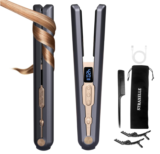 2-in-1 Cordless Hair Straightener and Curler, Adjustable 350°F-420°F, 20s Heat-Up/LED Display/10000mAh Battery,Cordless Flat Iron Travel Safe Ceramic Plates for Fine to Thick Hair