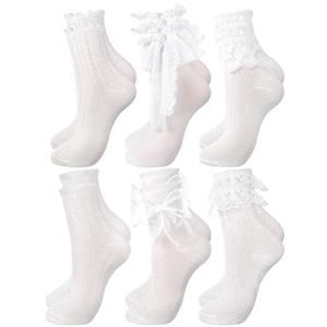 Fourluoo 6 Pairs Women's Ruffle Ankle Socks - Lace & Frilly Cute Breathable Thin Cool Casual Socks(White,5-9,Bow Tie)