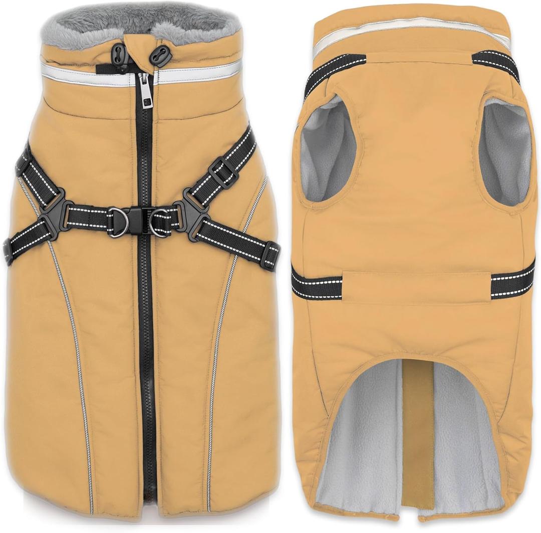 Fragralley Dog Coat with Harness Built in, Waterproof Windproof Reflective Warm Puffer Jacket, Fleece Lined Vest Winter Parka for  Large Dogs (Khaki)