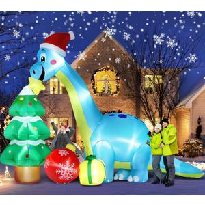 13.6 Ft Long Christmas Inflatable Decorations, Huge Xmas Inflatable Dragon Dinosaur with Trees Gift Hats Decors Built-in LED Lights Stakes Blow Up Yard Lawn Garden Party Santa Inflatables de Navidad