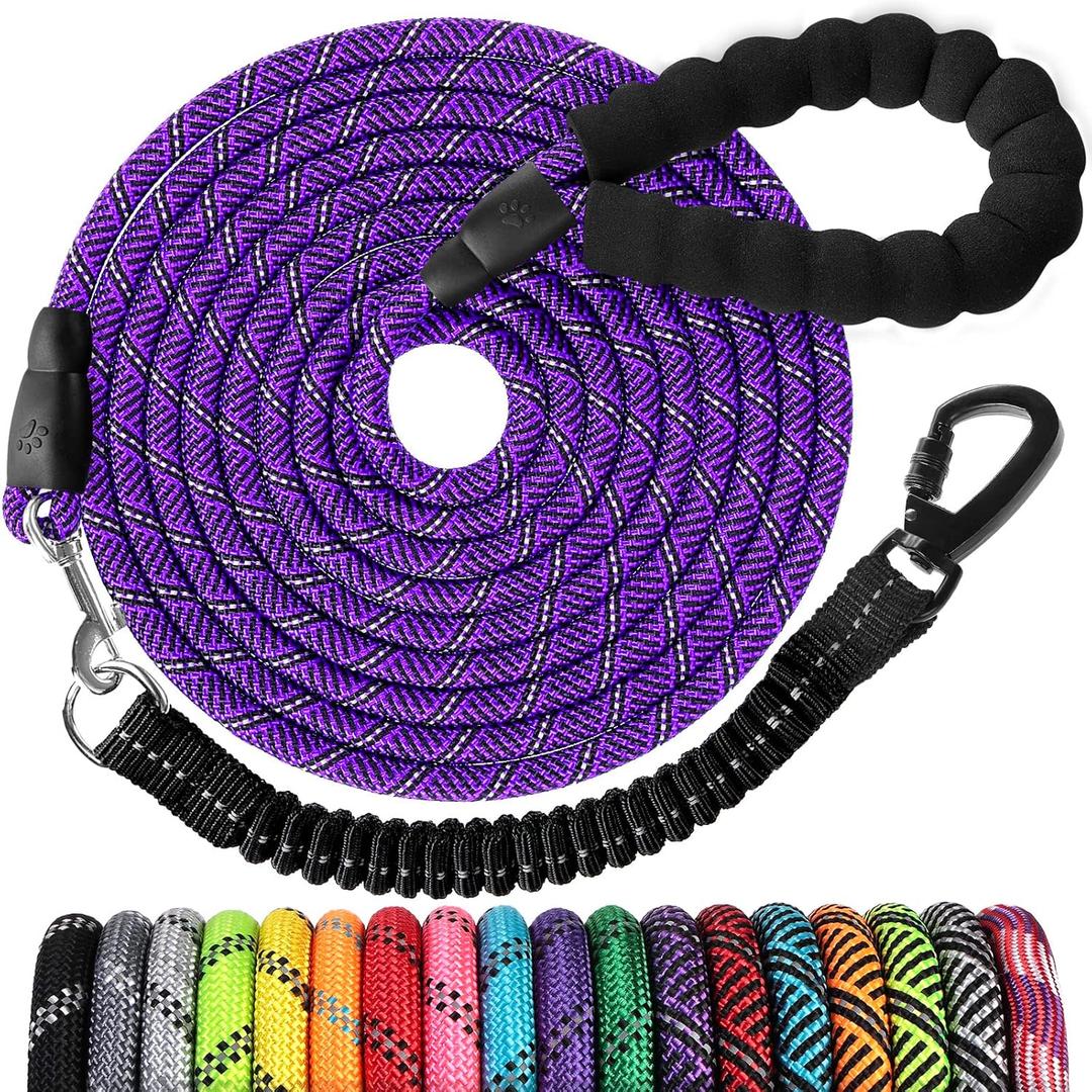 Long Dog Leash 15 FT: Heavy Duty Rope Leashes for Dogs Training with Swivel Lockable Hook Reflective Threads Bungee and Padded Handle - Dog Lead for Small- Large Dogs Outside Walking Hiking,  Purple black, 15ft*1/3''