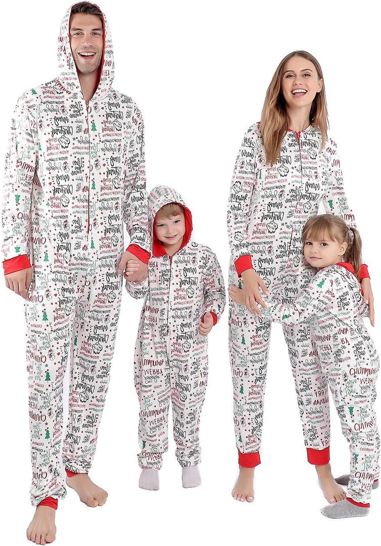 ANGELGGH Family Matching Christmas Onesie Pajamas, Vacation Cute Printed One Piece Pajamas, Xmas Hooded Holiday Sleepwear (Large, White-snowman)