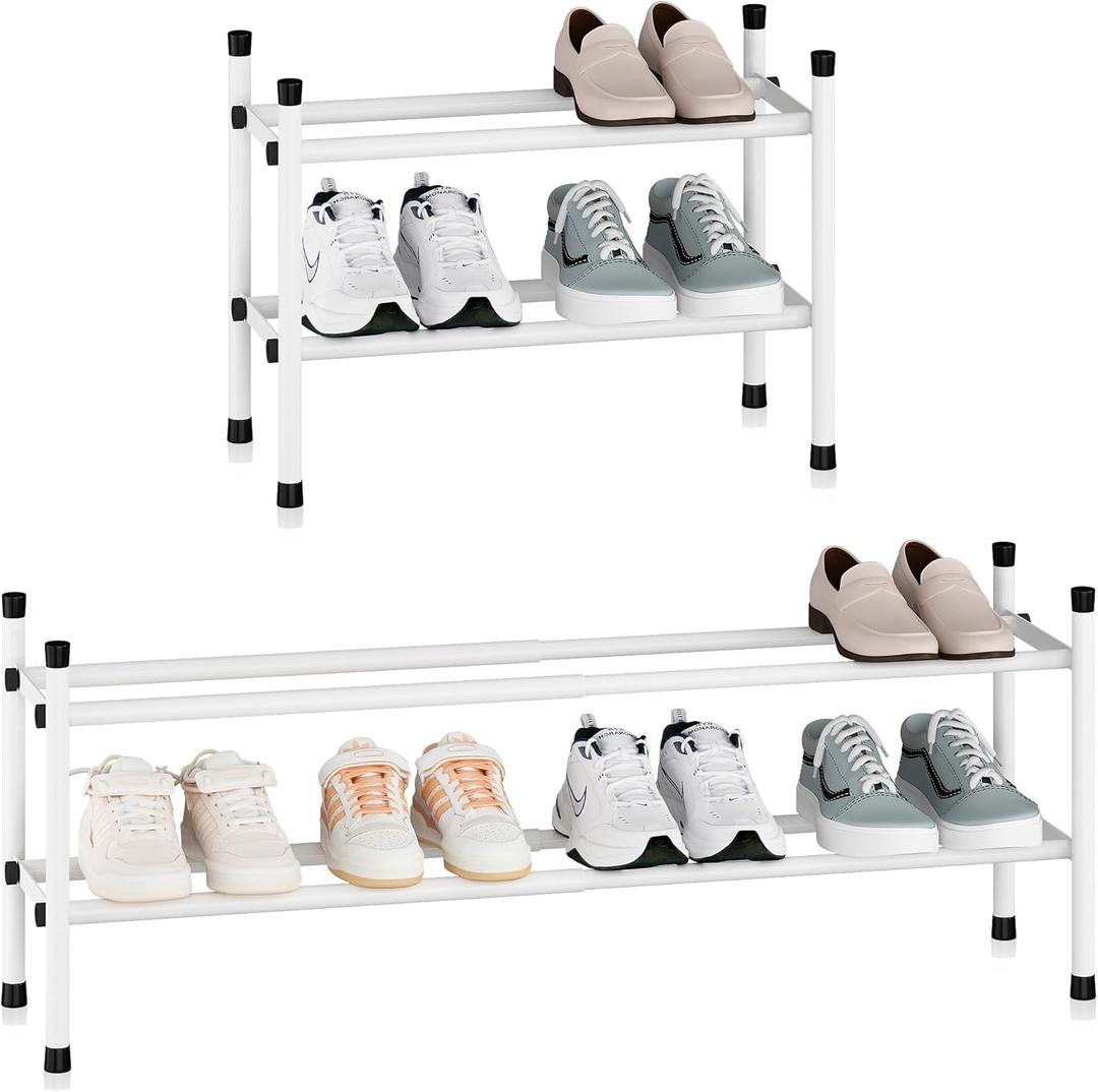 STORAGE MANIAC Expandable Shoe Rack, Stackable Small Shoe Rack, Metal Adjustable Shoes Organizer for Closet, Entryway, Hallway, Garage, Front Door, Shoes Shelves, White 2 Tier