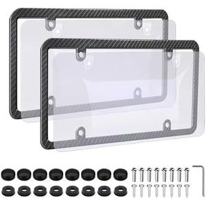 LIN KANG Carbon Fiber Pattern License Plate Frame & Clear Flat Cover Combo - Novelty Unbreakable License Plate Shields Covers, Metal Car Tag Frame Holder Protector with Screws, Caps, Washers