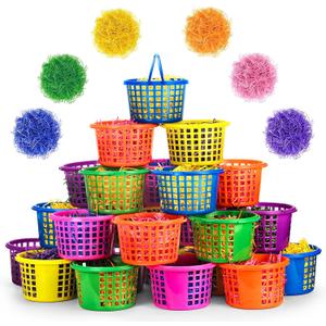 Evoio Easter Baskets in Bulk for Kids 24 PCS Plastic Easter Basket Bucket for Eggs Hunts Game, Classroom Eggs Collecting Baskets with 6 Color Raffia Paper Grass Filler Basket for Kids Egg Hunts Party