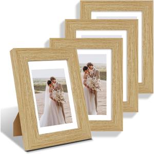 Hongkee 5x7 Picture Frame Set of 4, Made of Real Glass and Natural Oak Wooden Frame, 5 by 7 Photo for Wall or Tabletop - Display Picture 4x6 with Mat or 5x7 Without Mat